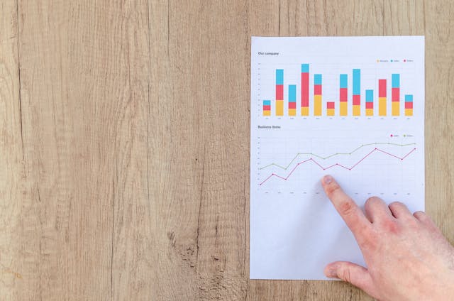 hand pointing at a sheet with bar graphs and line graphs on it